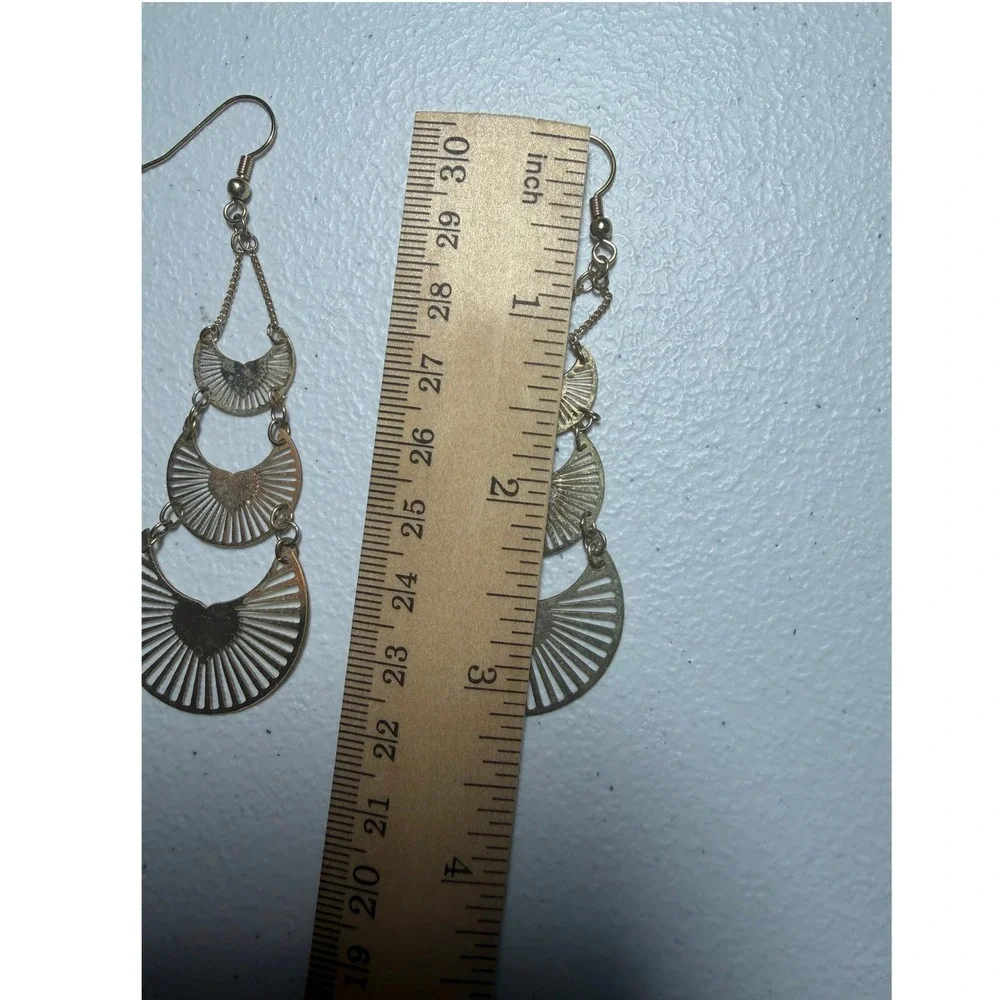 Boho Tiered Crescent Heart Drop Earrings Gold Tone Metal Sunburst Filigree